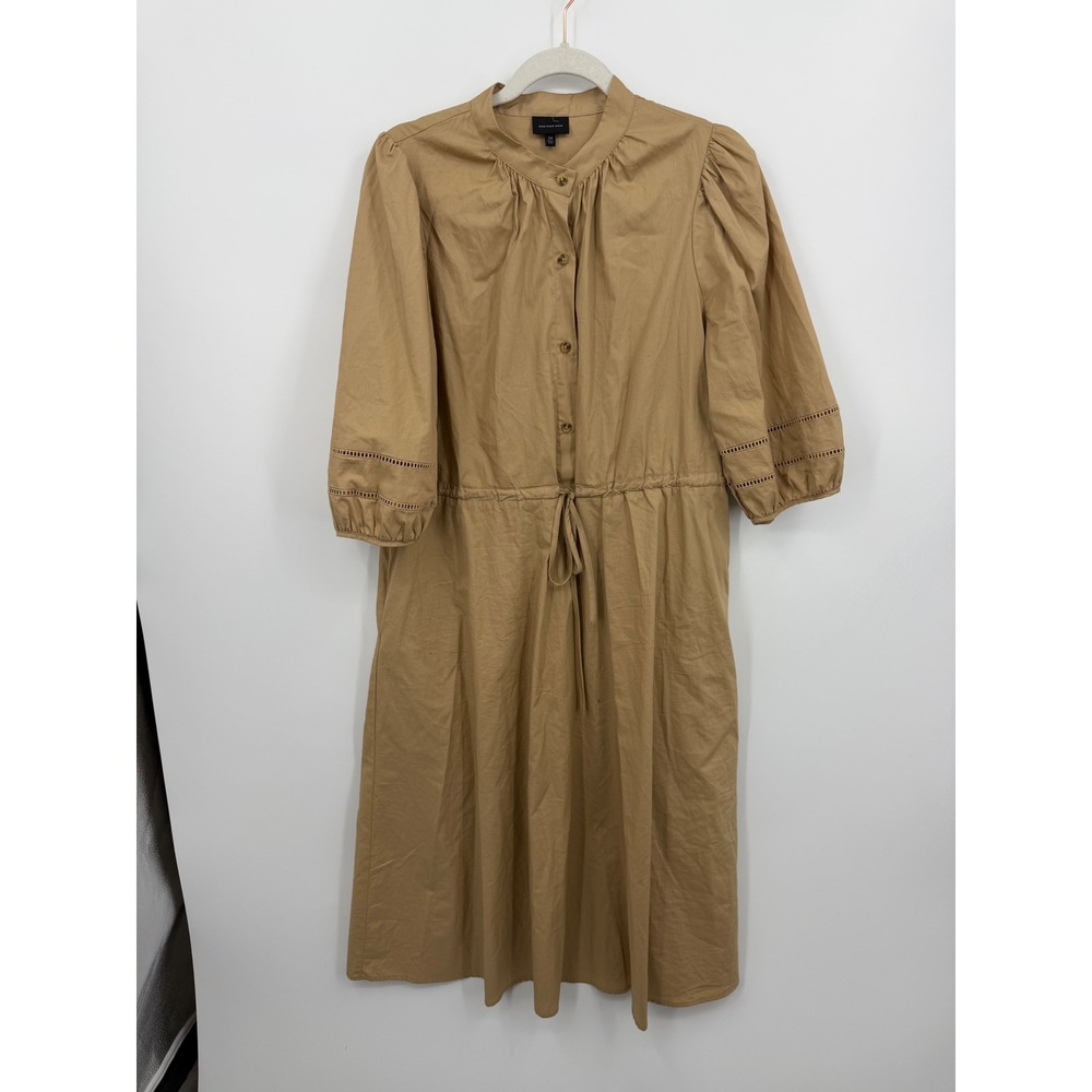 Who‎ What Wear beige Midi Dress Womens Size M Tan Khaki Eyelet Puff Sleeve
